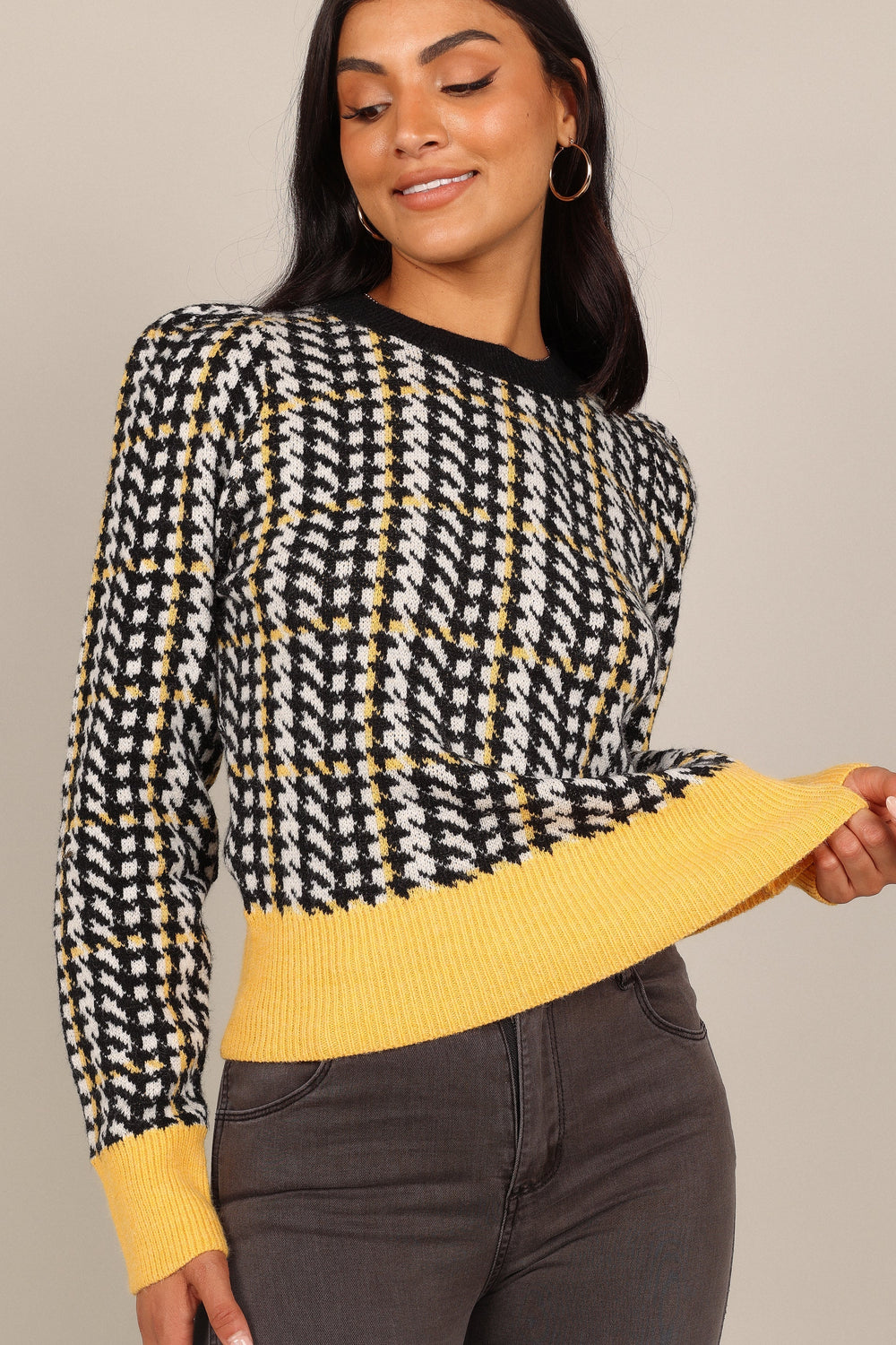 Petal and Pup USA Knitwear Tina Houndstooth Knit Sweater - Black/Mustard