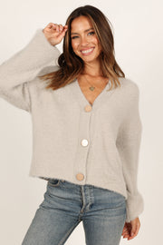 Petal and Pup USA Knitwear Willow Fuzzy Large Button Cardigan - Light Grey