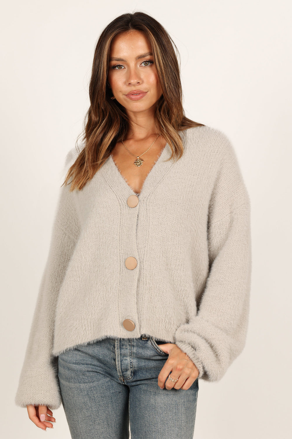 Petal and Pup USA Knitwear Willow Fuzzy Large Button Cardigan - Light Grey