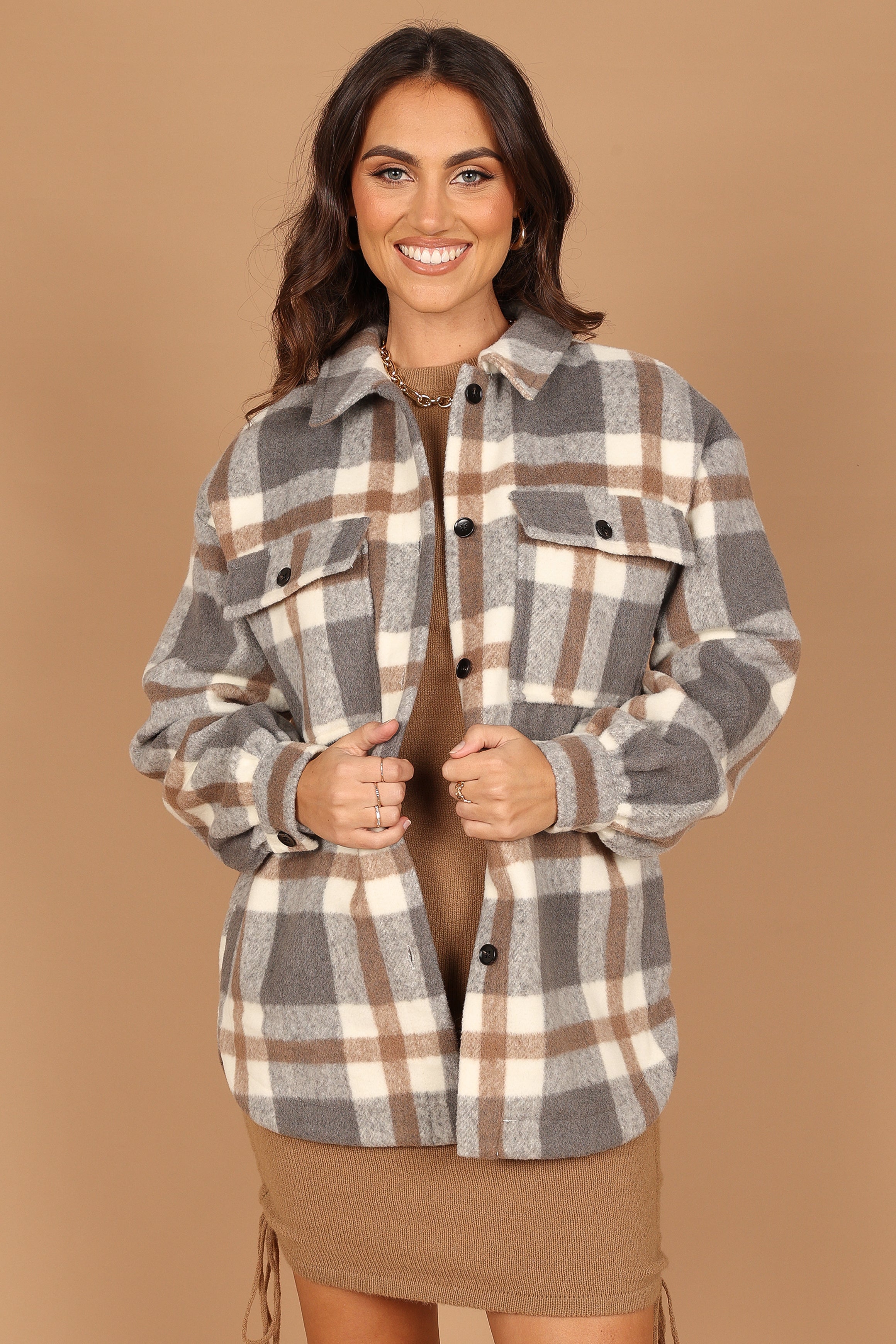Petal and Pup USA Outerwear Alex Double-Breasted Pocket Shacket - Grey Check