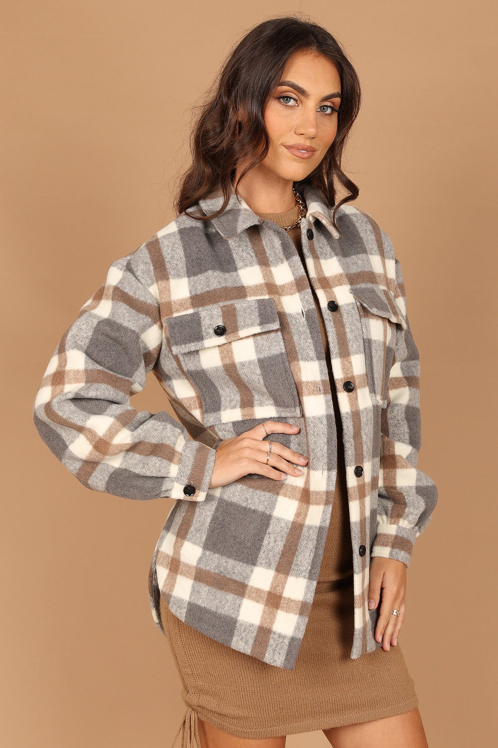 Petal and Pup USA Outerwear Alex Double-Breasted Pocket Shacket - Grey Check