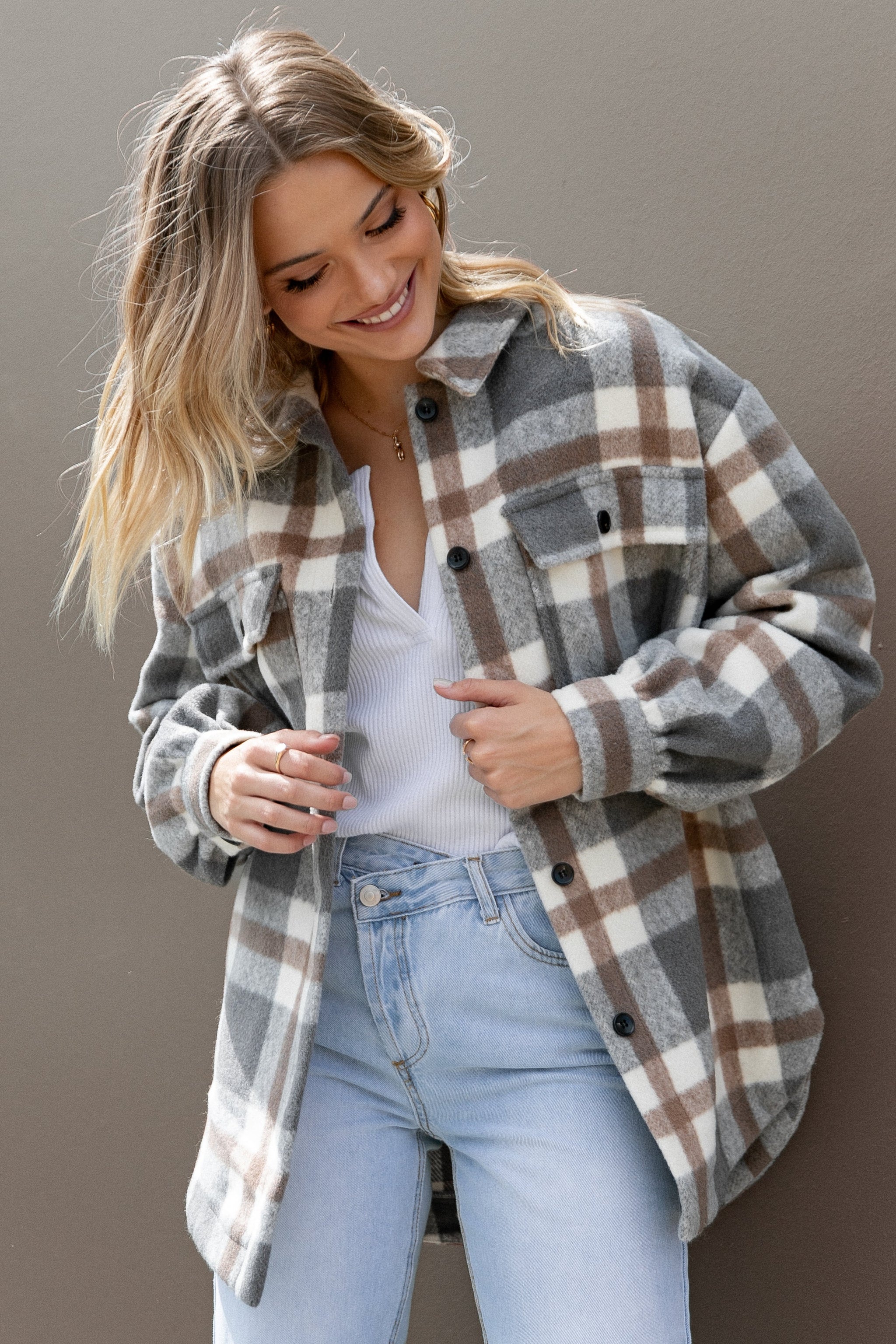 Alex Double-Breasted Pocket Shacket - Grey Check | Petal & Pup USA
