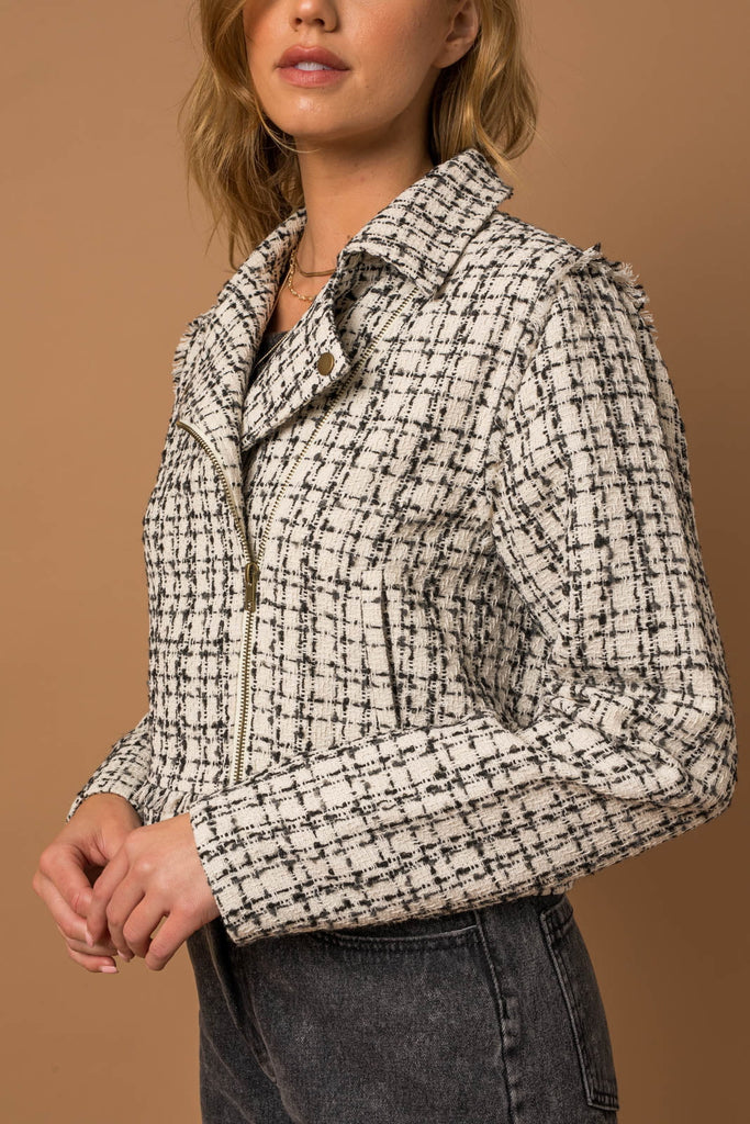 Olivia Tweed Moto Zip Jacket - Cream/Black