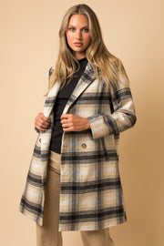 Petal and Pup USA Outerwear Patty Double Breasted Plaid Long Coat - Cream/Charcoal