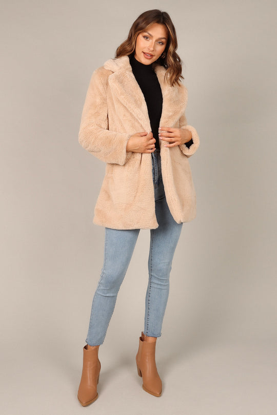 Raye Open Front Faux Fur Coat Beige Petal & Pup USA
