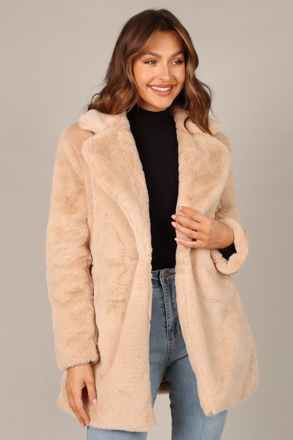 Petal and Pup USA Outerwear Raye Open Front Faux Fur Coat - Beige