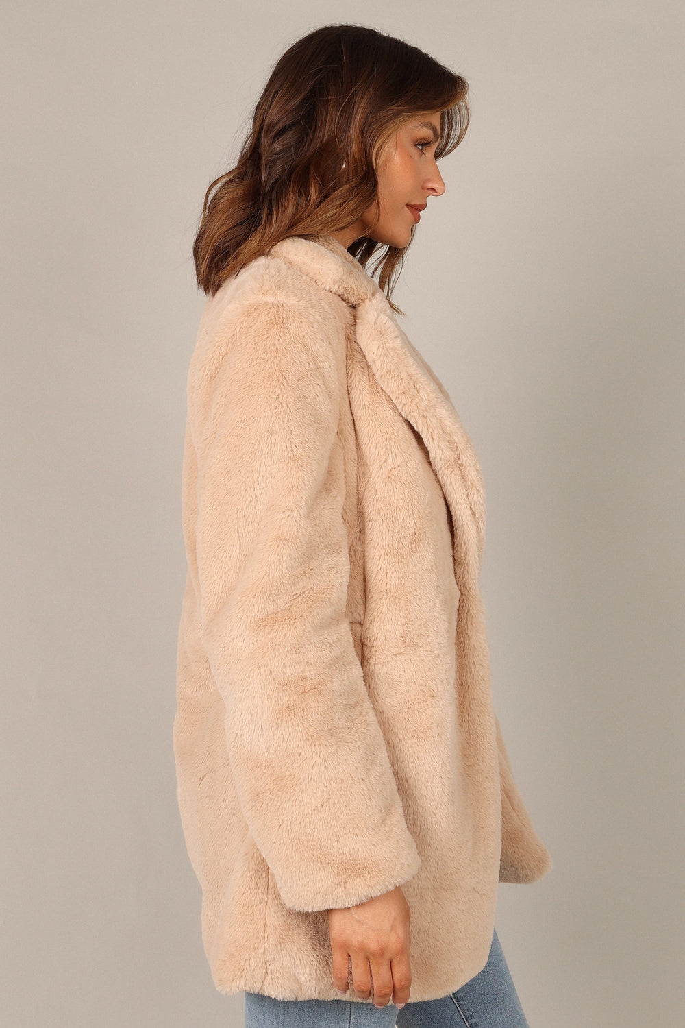 Petal and Pup USA Outerwear Raye Open Front Faux Fur Coat - Beige