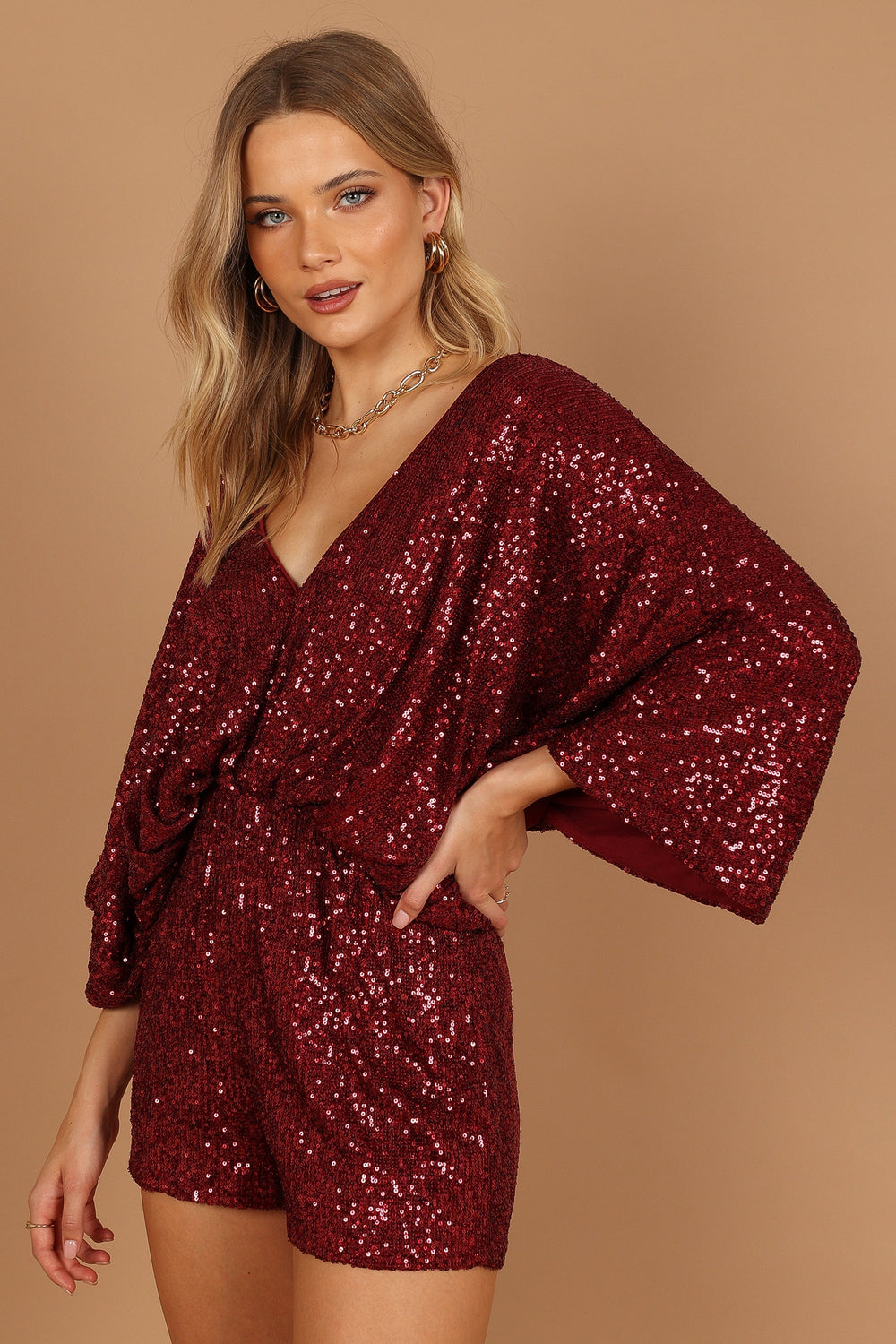 Petal and Pup USA Rompers Kimono Sleeve Sequin Romper - Burgundy