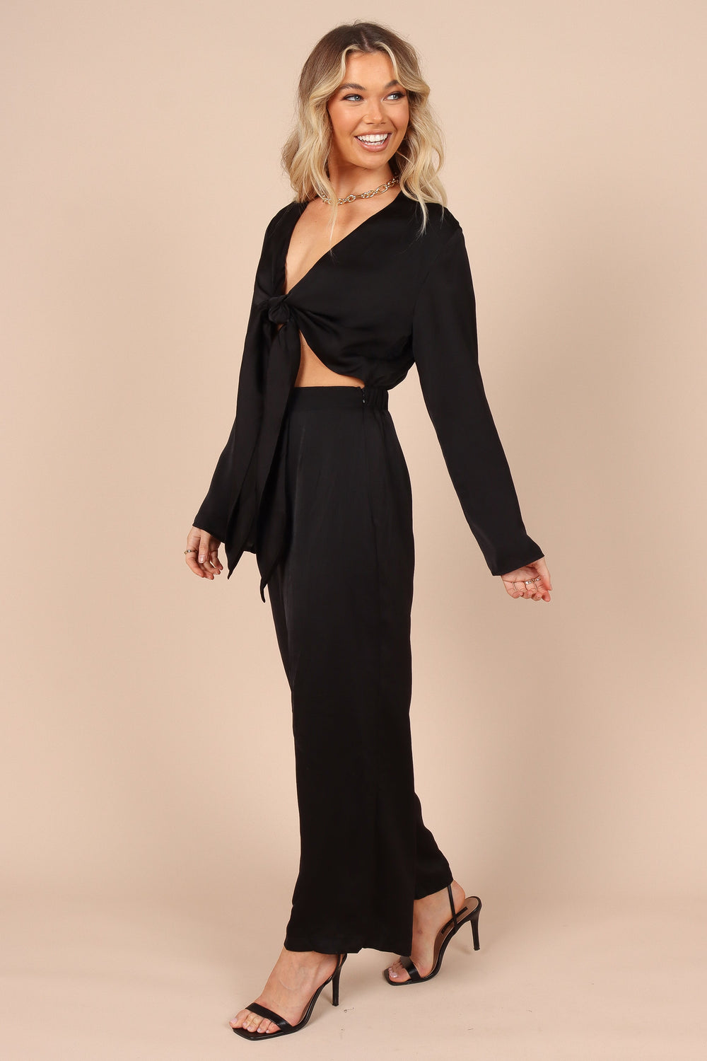 Black Wrap Top Long Puff Sleeve Wide Leg Ankle Elastic Party Jumpsuit –  pinkfad