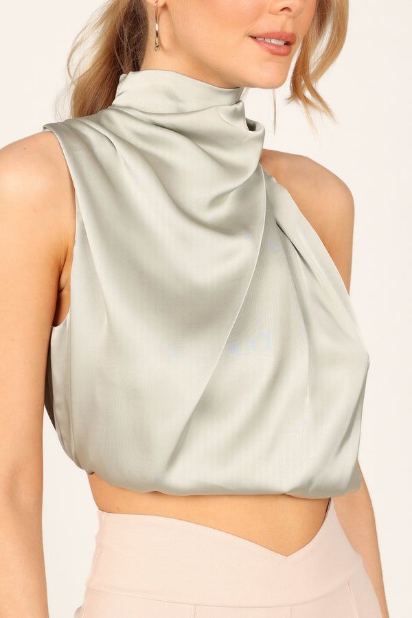 Petal and Pup USA TOPS Arabella High Neck Drape Satin Top - Olive