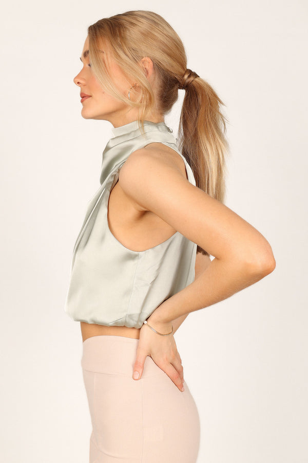 Petal and Pup USA TOPS Arabella High Neck Drape Satin Top - Olive