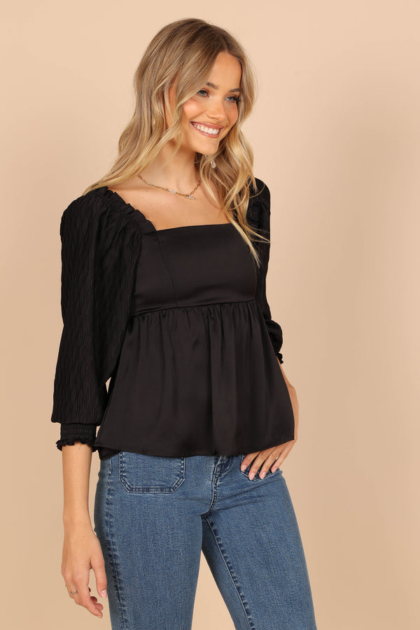 Petal and Pup USA TOPS Montana Satin Babydoll Top - Black