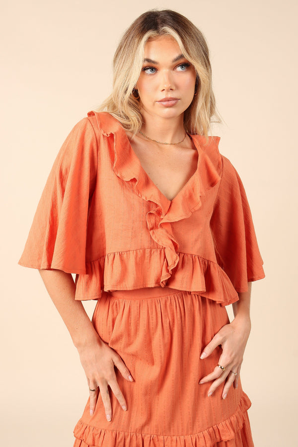 Petal and Pup USA TOPS Sheridan Cropped Ruffle Top - Rust